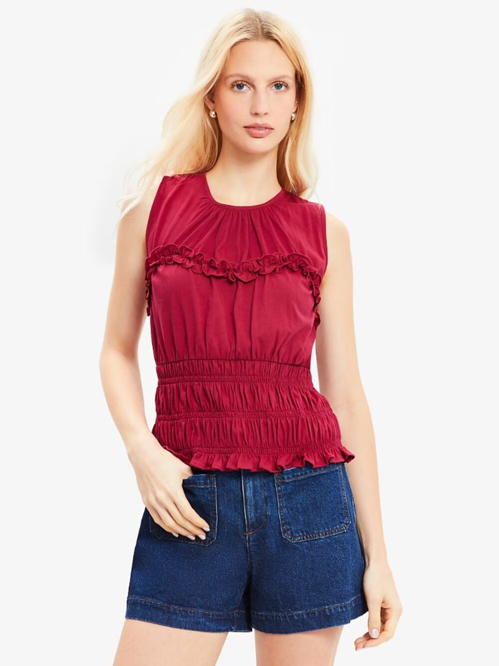 LOFT S Berry Red Smocked Ruffle Tank Top 100% Cotton Peplum